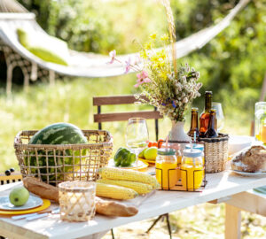 Garden party with fruit and vegtables on the table