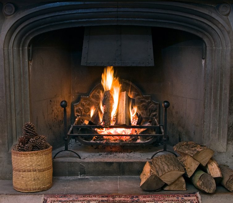 Open fireplace with metal surround and pile of wood and pinecons infront of the fire