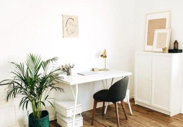 Home Office with desk, chair, plant and lamp