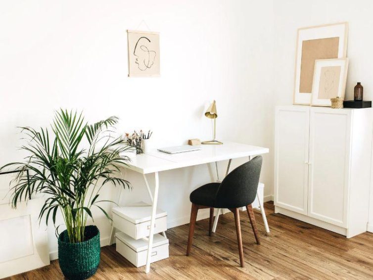 Home Office with desk, chair, plant and lamp