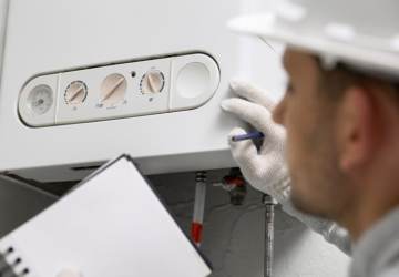 Man in white safety hat looking at a boiler