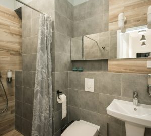 Bathroom With Grey Tiles And Faux Wood PVC Wall Panels