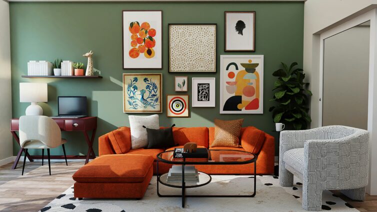 Living room with orange sofa and wall gallery