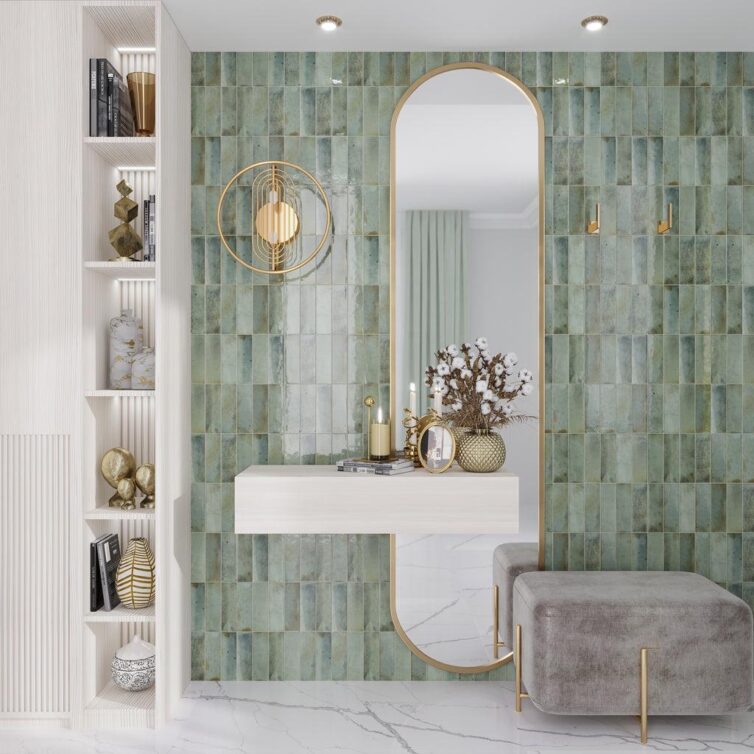 Image alt name: Glossy green Moroccan zellige-style subway tile backsplash