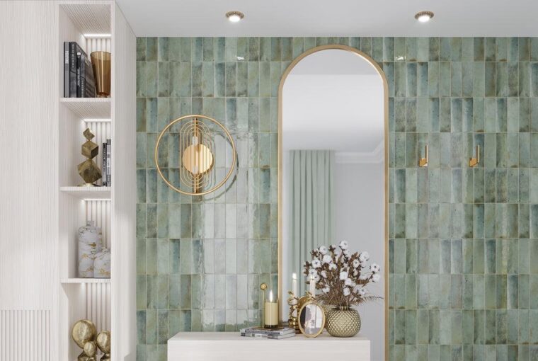 Image alt name: Glossy green Moroccan zellige-style subway tile backsplash
