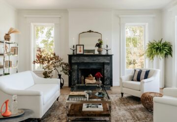 Lounge with white sofa and black fire surround