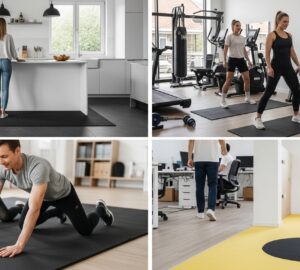 Home rubber matting in gym, childs play room and kitchen