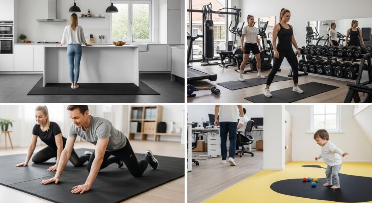 Home rubber matting in gym, childs play room and kitchen