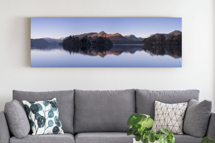 Wall art above sofa in living room - catbells panoramic canvas