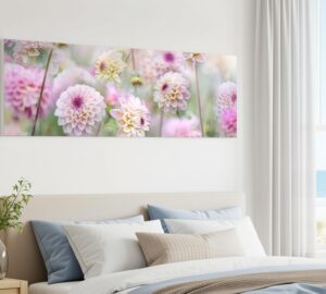 Bedroom with art above bed - dahlia dreams canvas art