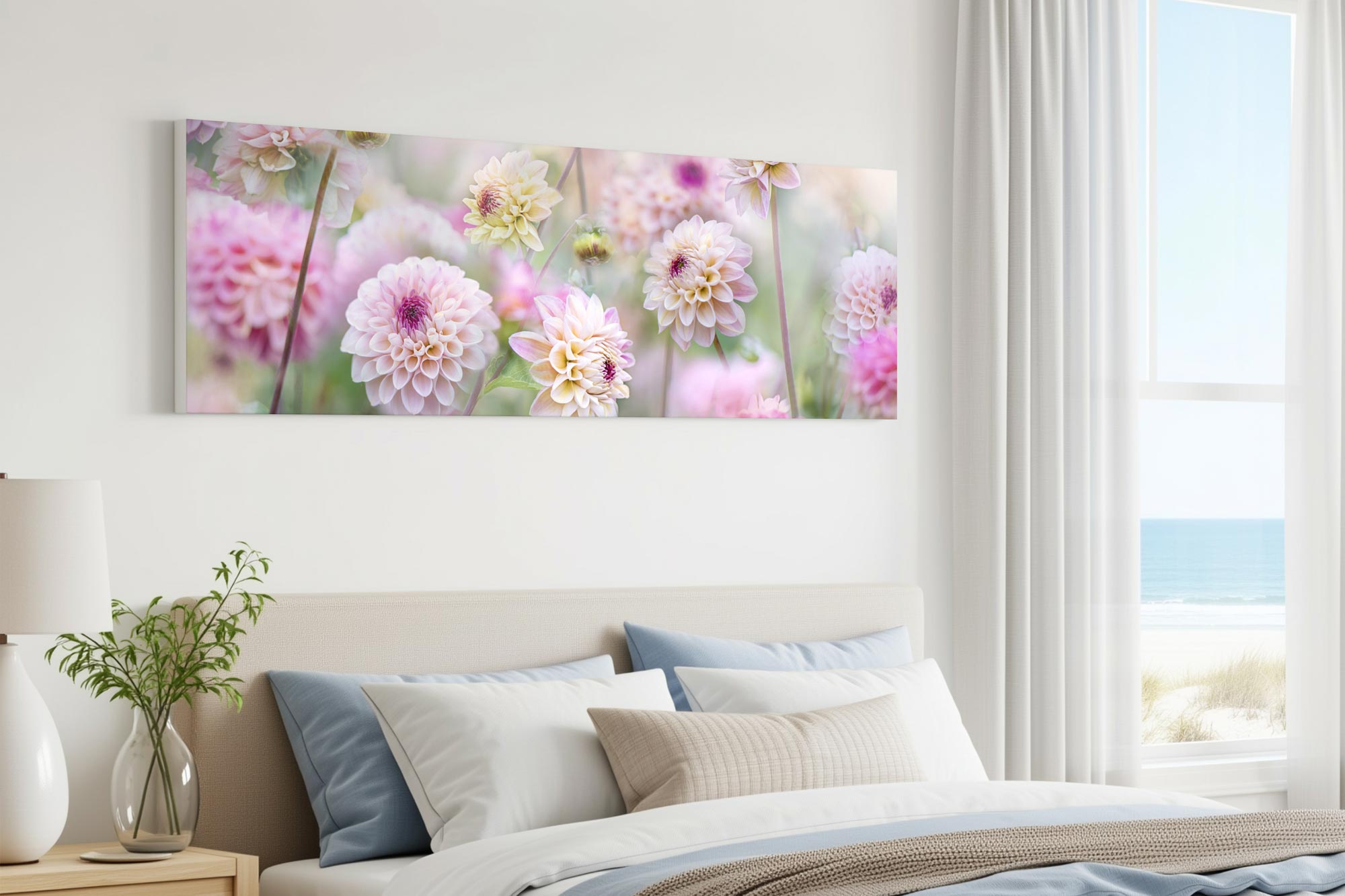Bedroom with art above bed - dahlia dreams canvas art